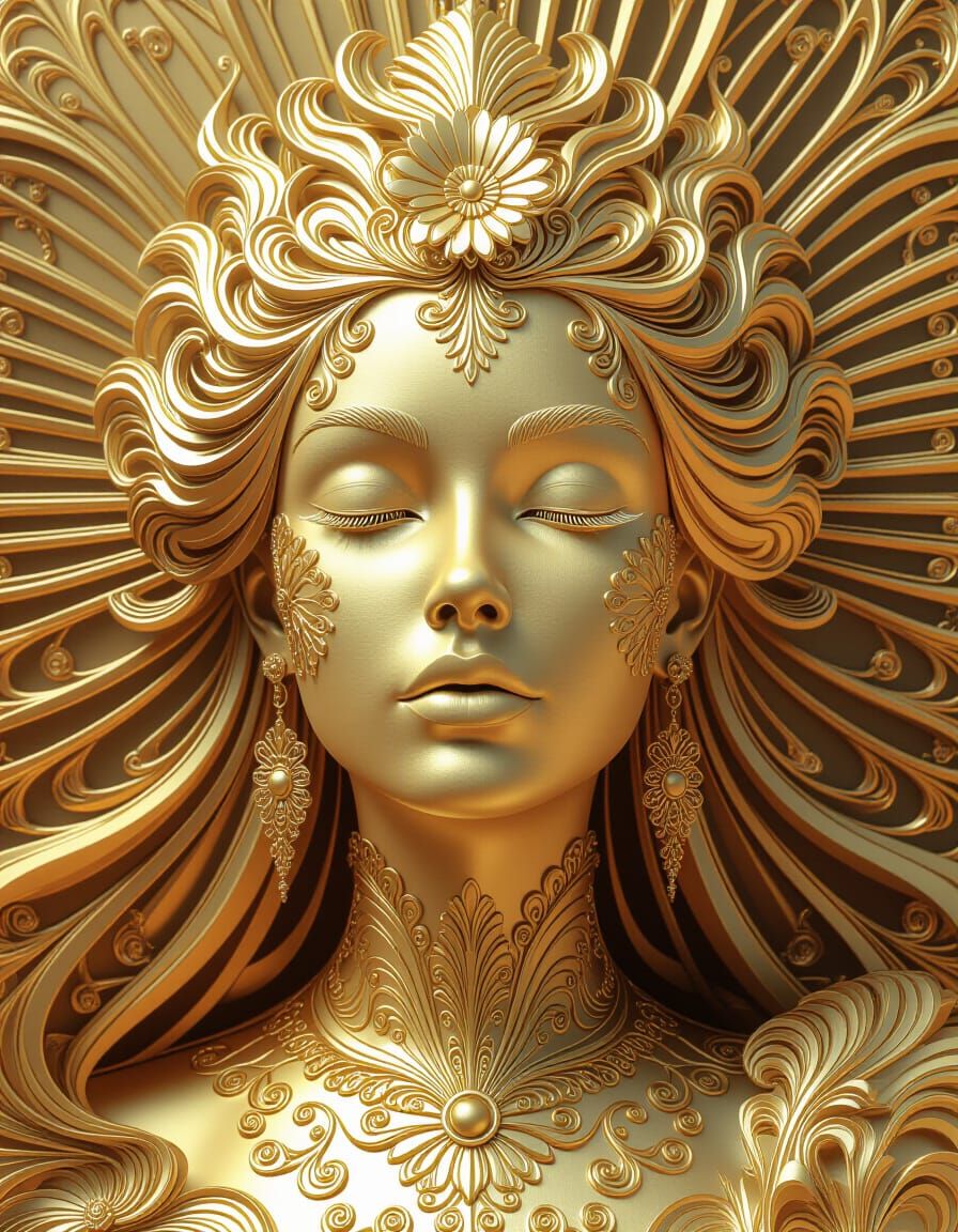 Golden Goddess Statue in Mixed Media Style