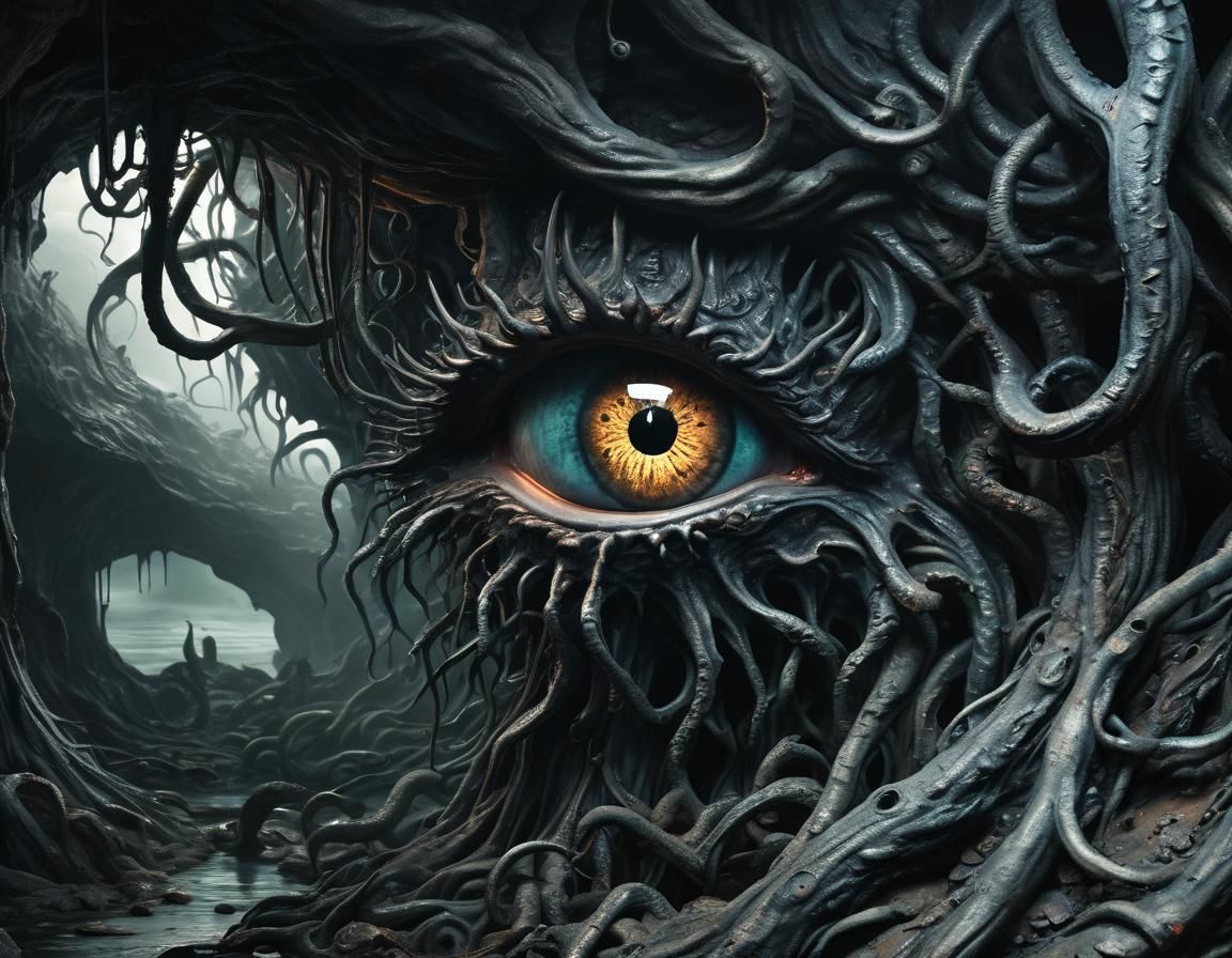 Eerie Tentacled Eye in Dark Cave: Doré-Inspired Surrealism