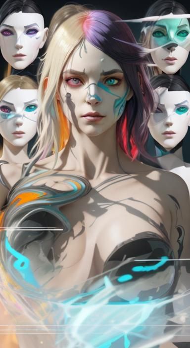 Glitching Shapeshifting Woman with Masks, Detailed Digital A...