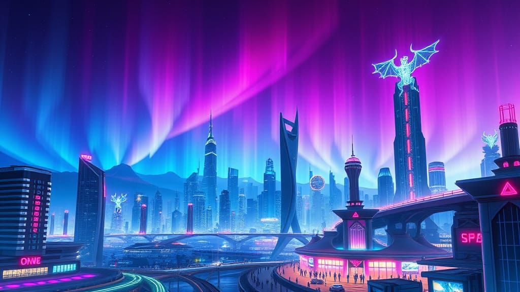 Neon Cyberpunk Cityscape Under Cybernetic Aurora