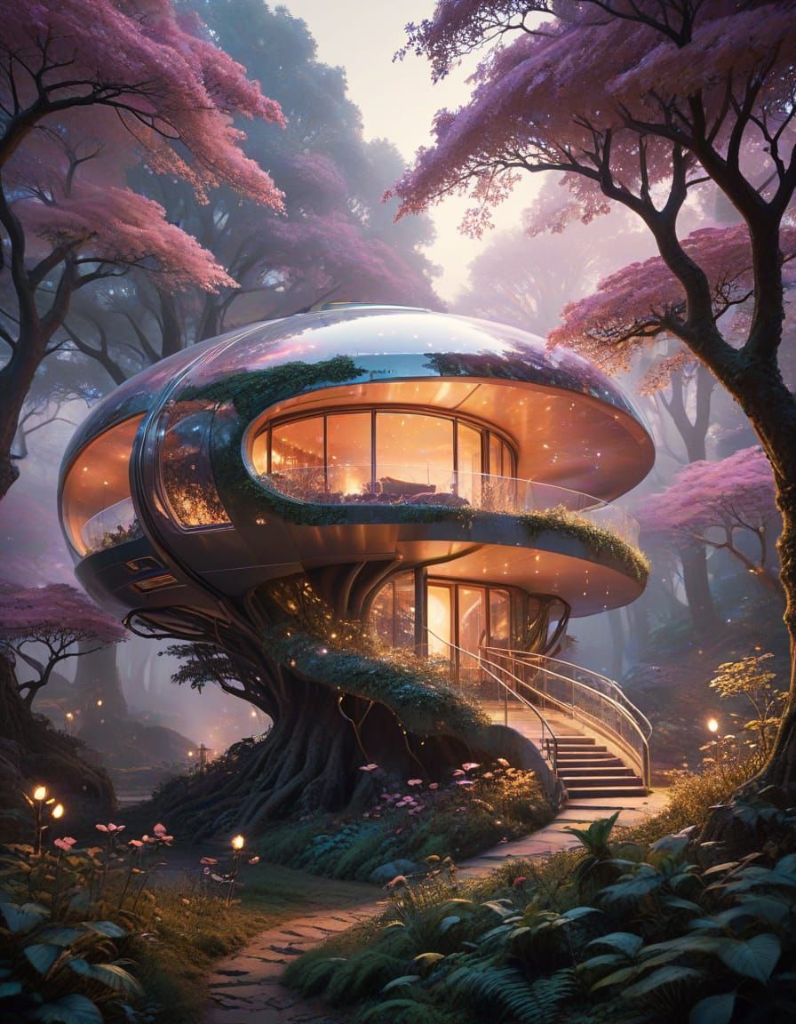 Dreamy Futuristic Oasis in a Glowing Tree