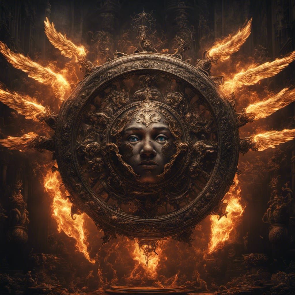 Hyperrealistic Cherubim with Wheels, Eyes, and Flames