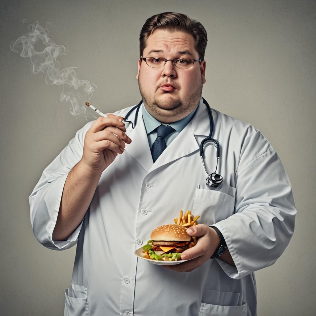 Obese Doctor Eating Fast Food and Smoking