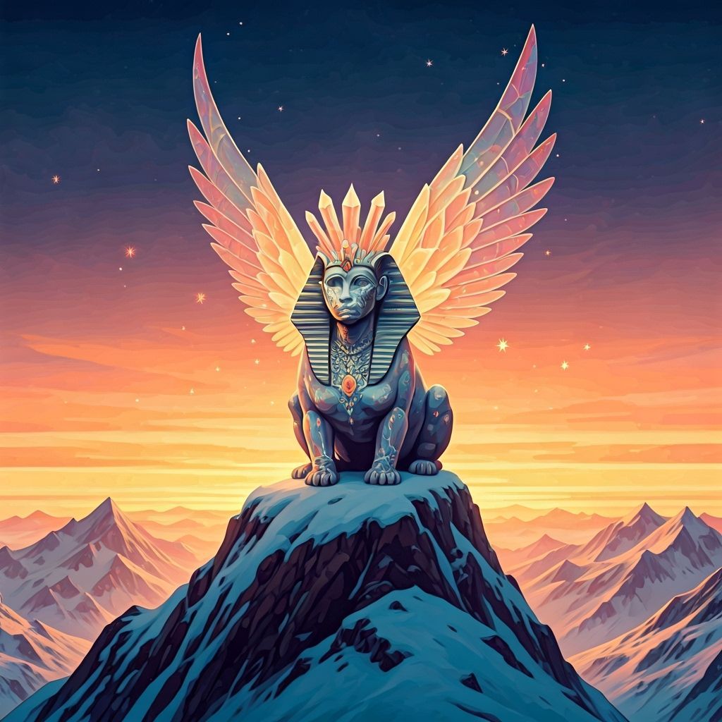 Crystal Sphinx Sunset: Watercolor Art with Fairies