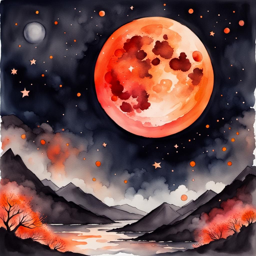 Blood Orange Moon in Starry Sky, Japanese Art