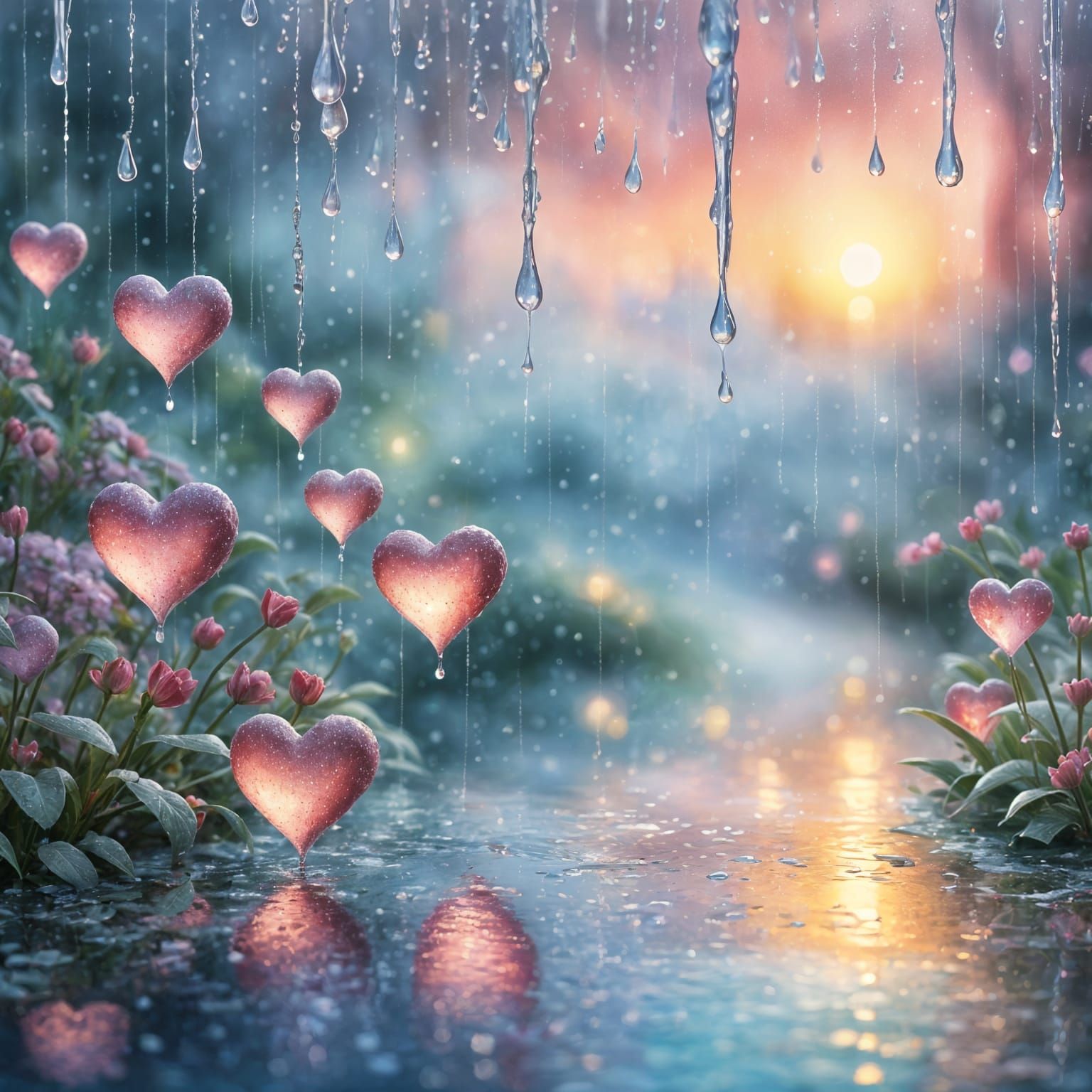 Ethereal Heart-Shaped Raindrops in a Misty Scene