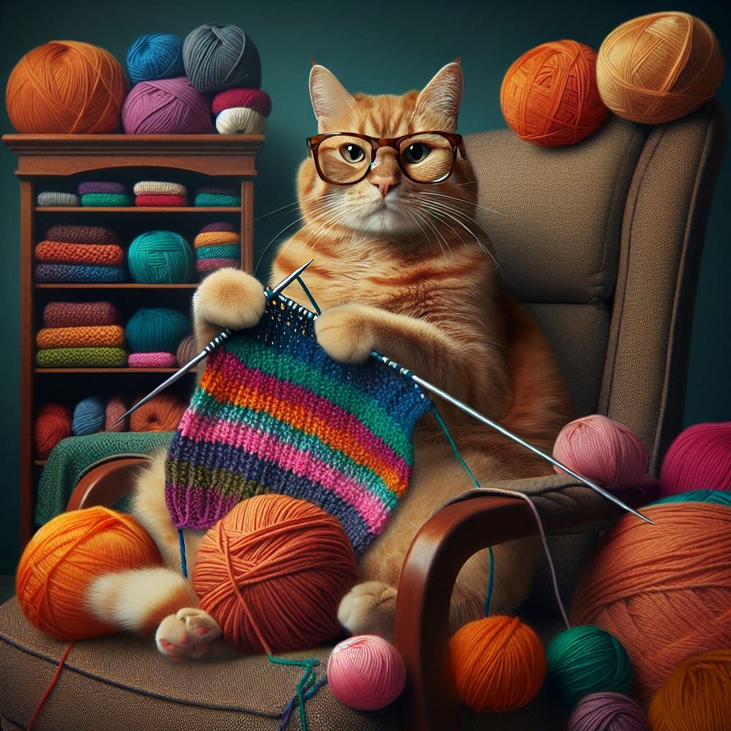 Orange Tabby Cat Knitting a Scarf