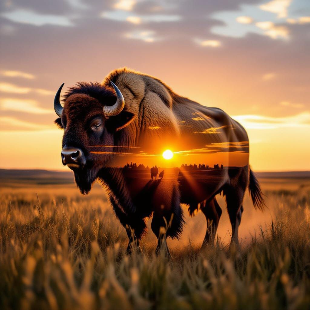 Double exposure of a Buffalo in a plain