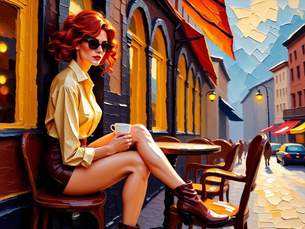 Elegant Woman with Red Hair at Cafe, Impasto Oil Painting
