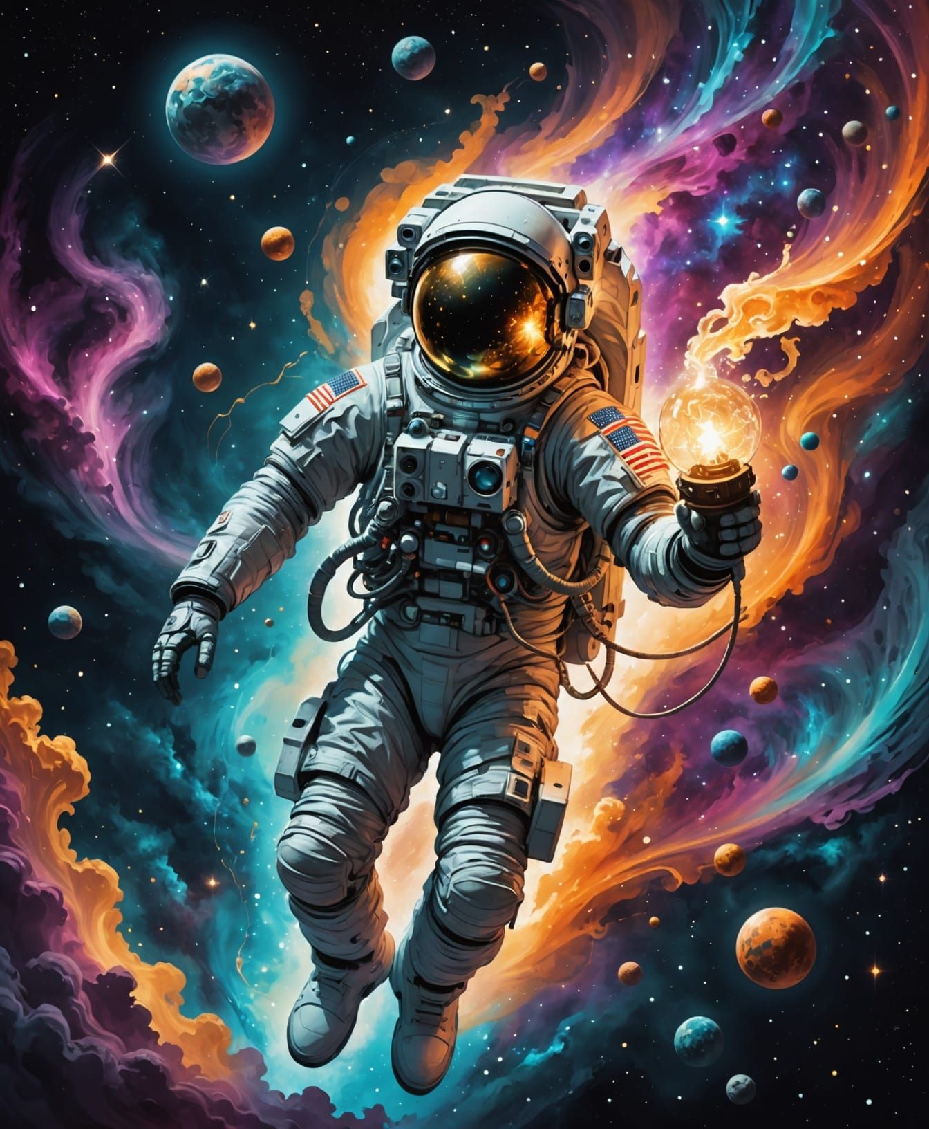 Astronaut Adrift in Nebula Holding Ethereal Lantern