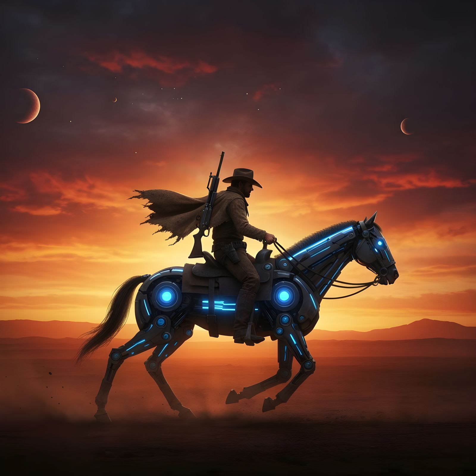 Cowboy Rides Mechanical Horse at Fiery Sunset