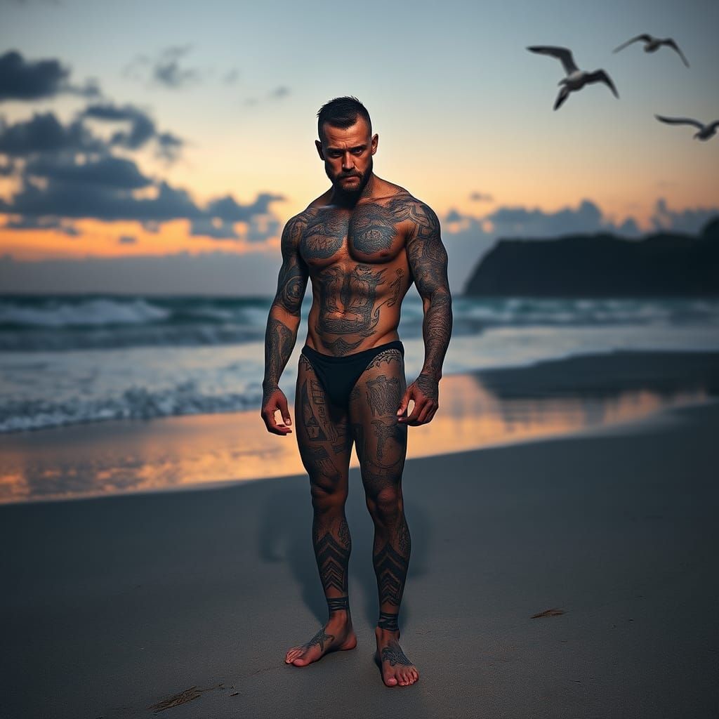 Menacing Figure Dominates Sunset Beach Scene