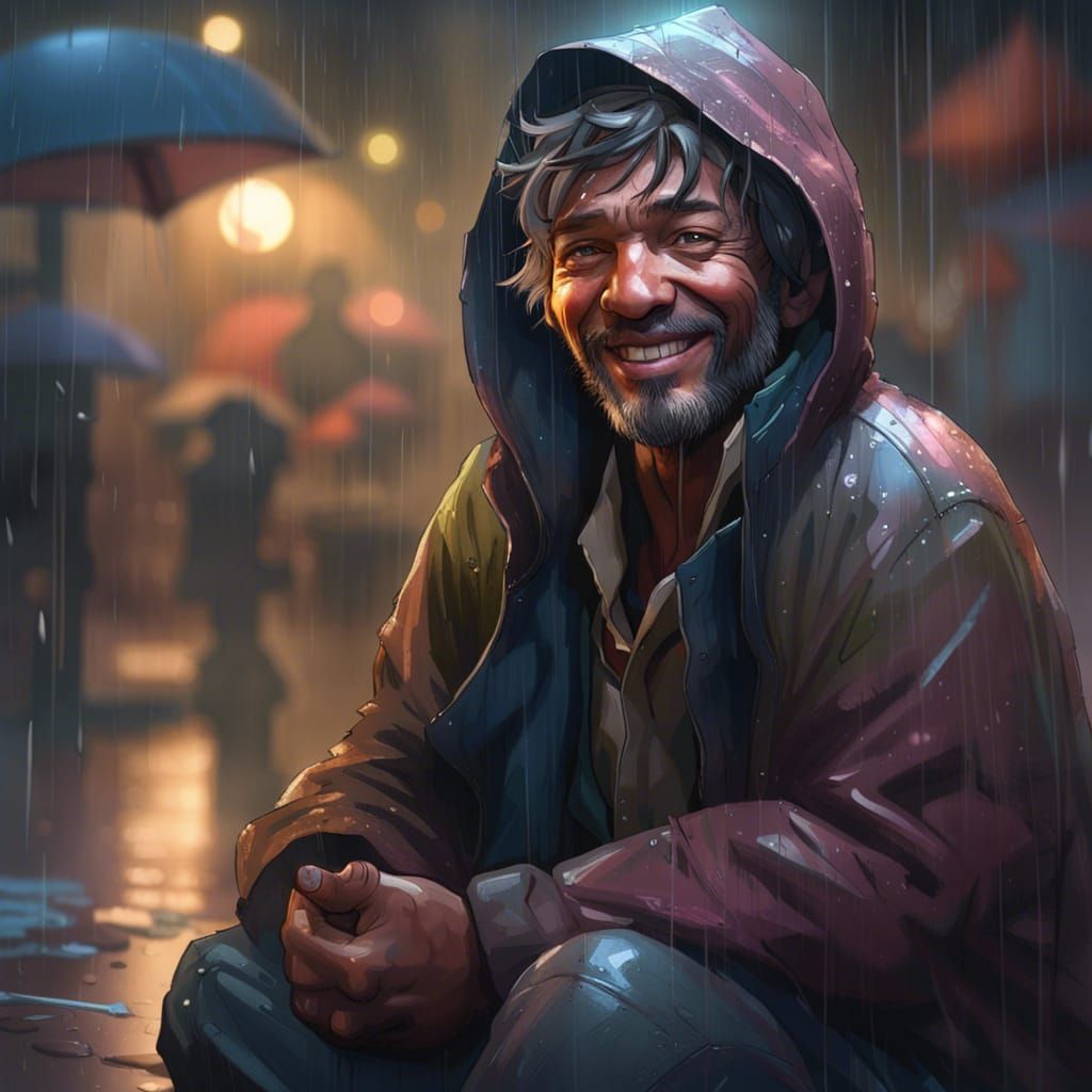 Smiling Homeless Man in Rain, Anime Art Style