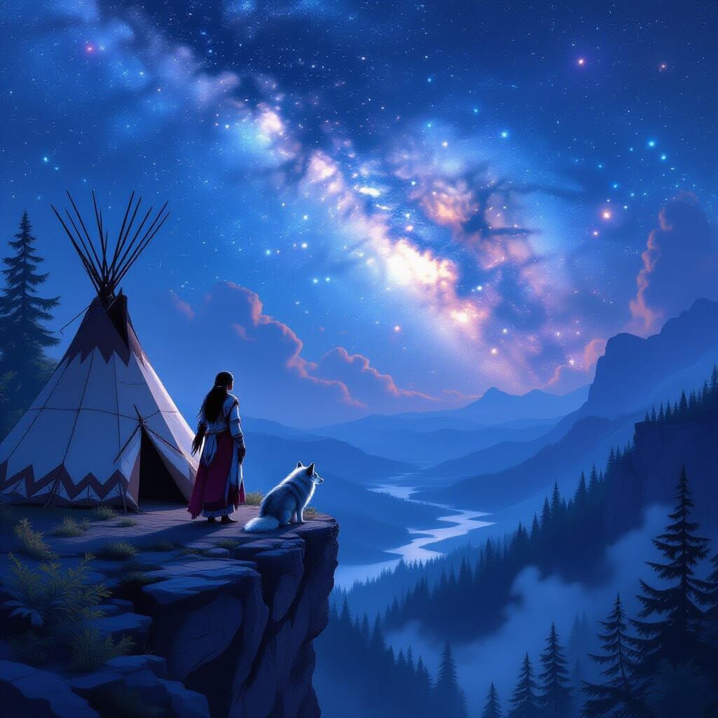 Native American Woman Gazes at Nebula Sky with Wolf