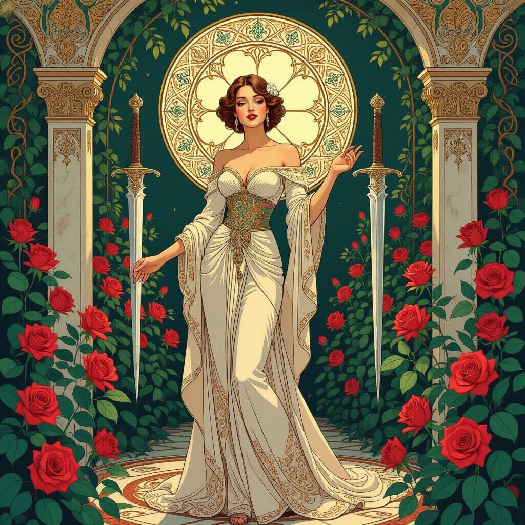 Elegant Woman in Rose Courtyard, Art Nouveau Style