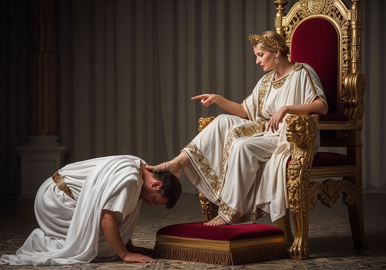 Empress Dominance: Senator Kneels in Ancient Rome