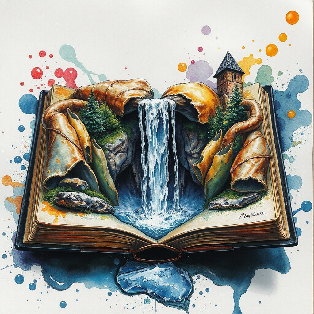 Waterfall Book: Iridescent Watercolor Painting