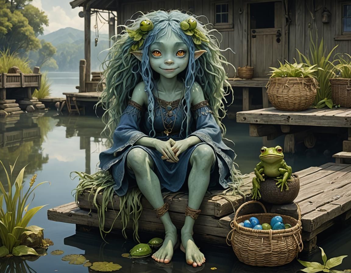 Water Elemental Woman on Dock in Art Nouveau Style