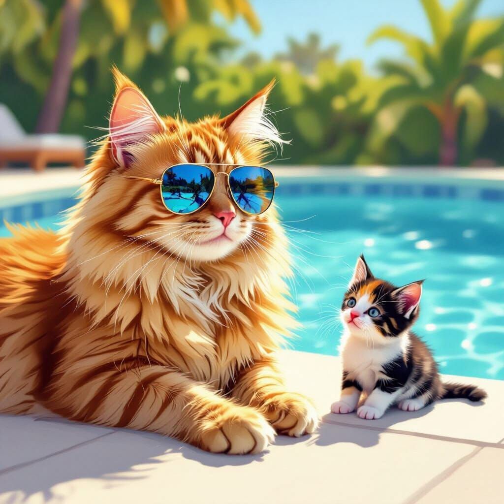 Cool Cat Lounges by Pool with Kitten, Pop Art Style