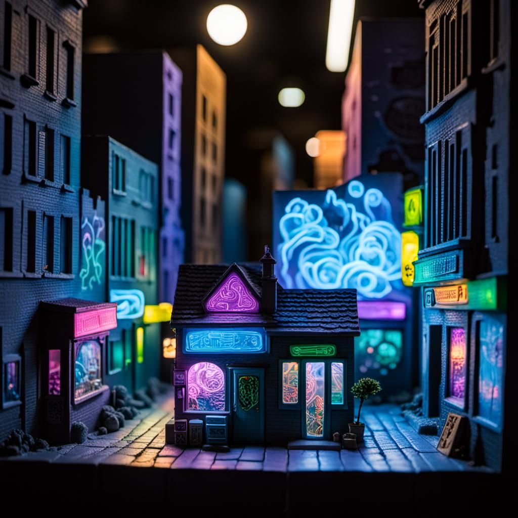 Bioluminescent Miniature City Diorama Graffiti Art