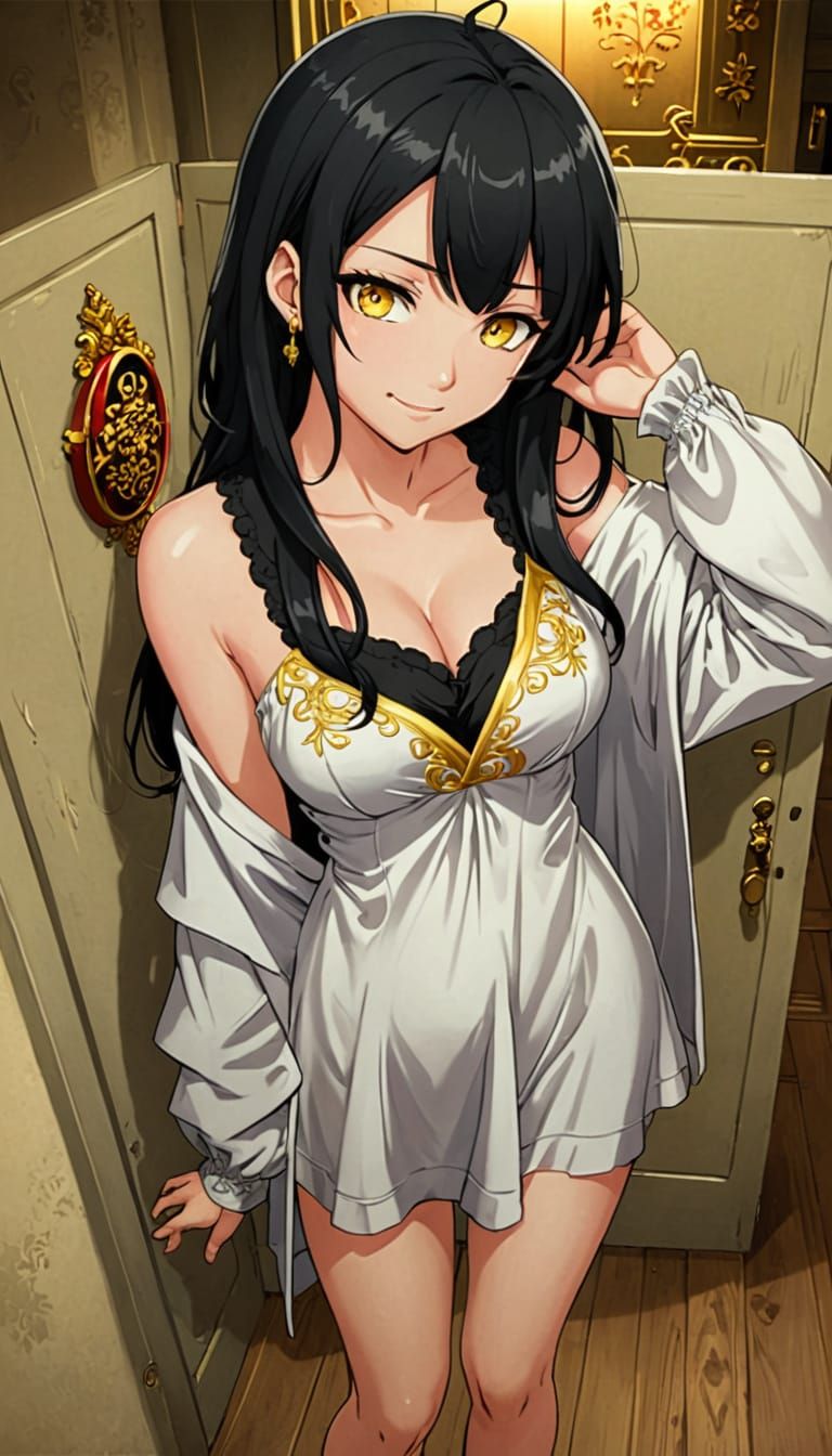 Anime Woman with Flowing Hair and Gold Embroidery