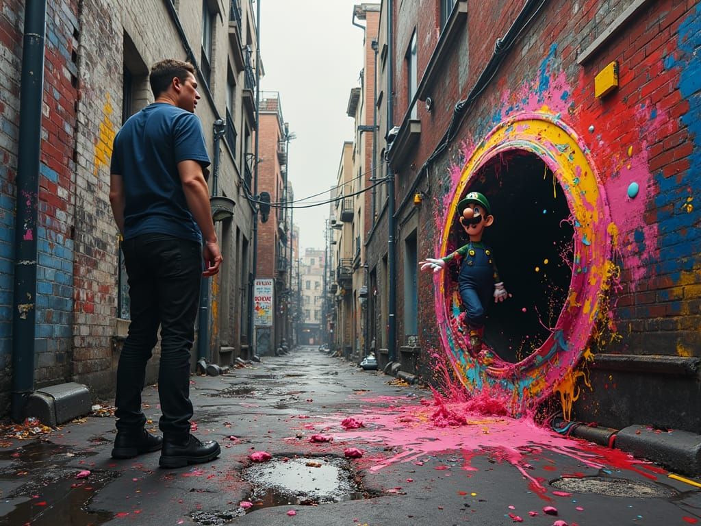 Elon Musk Meets Luigi in a Vibrant Urban Alleyway