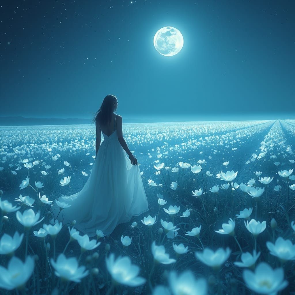 Ethereal Moonlit Field with Woman in White Gown