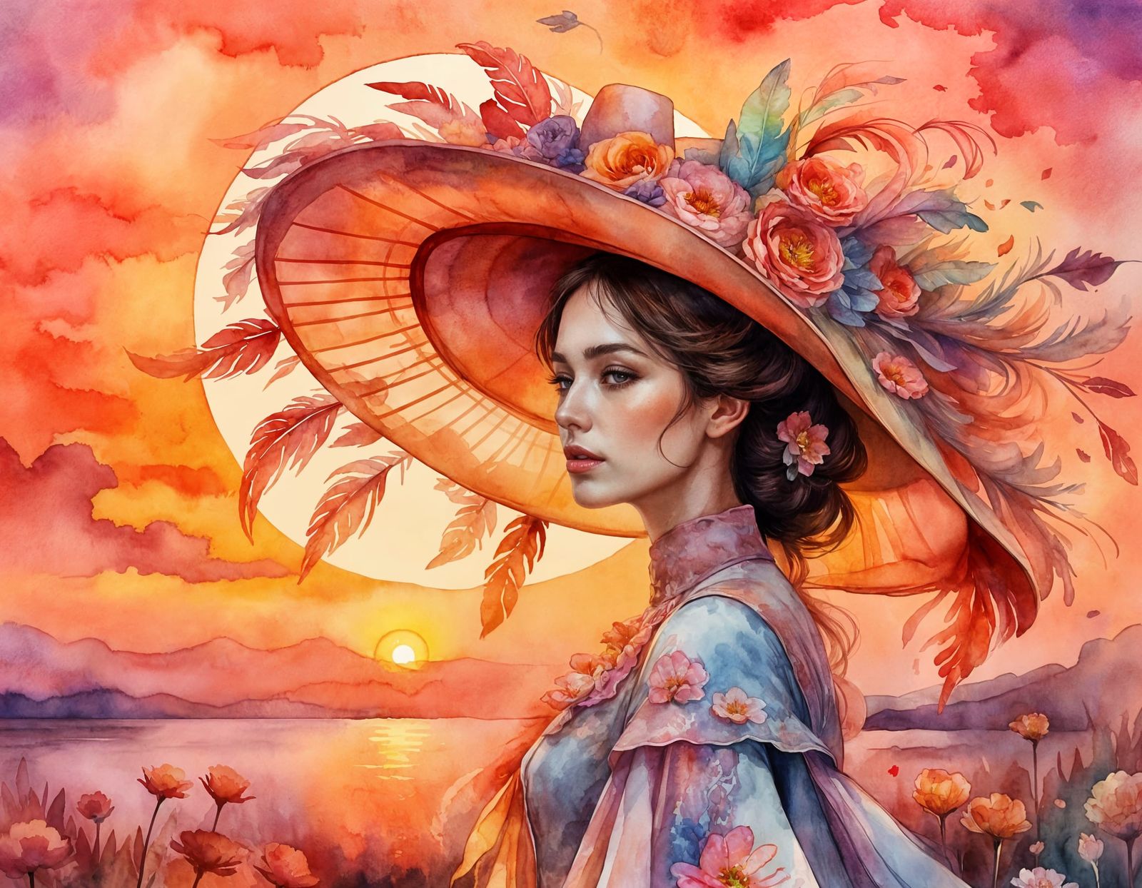 Woman with Beautiful Hat in Watercolor Sunset