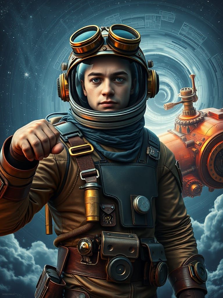 Steampunk Hero and Majestic Spacecraft in a Starry Night Sky