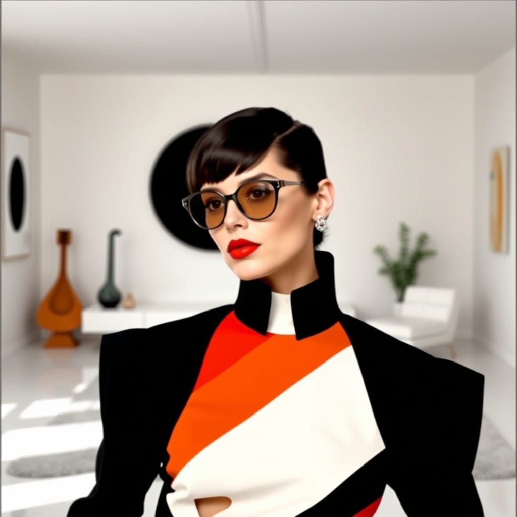 Modernist Woman in Primary Color Palette Interior with Geome...