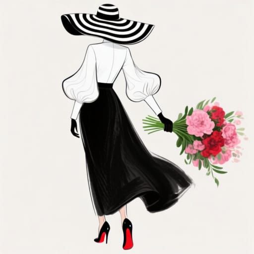 Elegant Woman in Striped Hat, Fashion Illustration