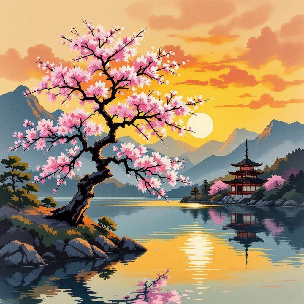 Sakura Tree Sunset: Japanese Art Style