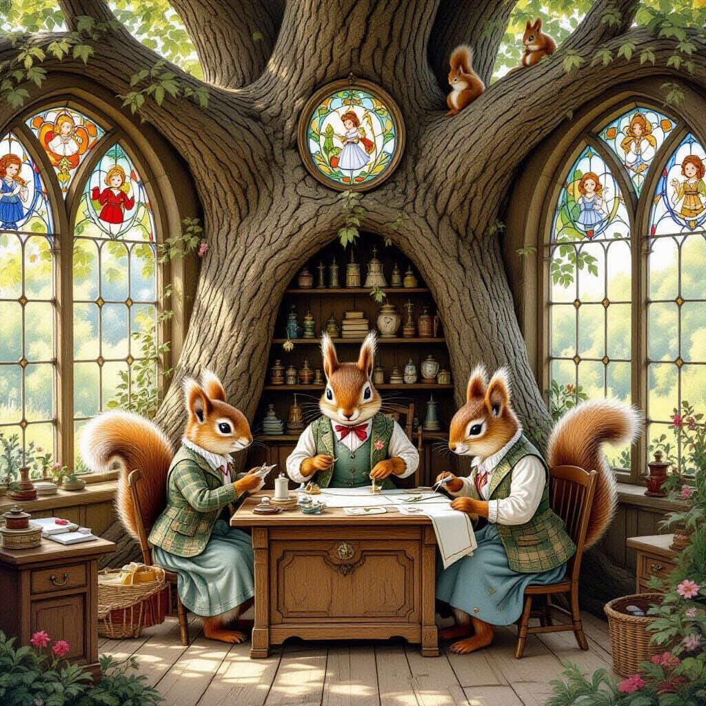 Woodland Tailor Shop with Squirrels in Beatrix Potter Style