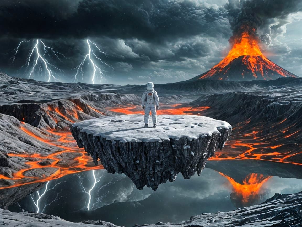 Astronaut on Floating Island Gazes at Hellish Landscape