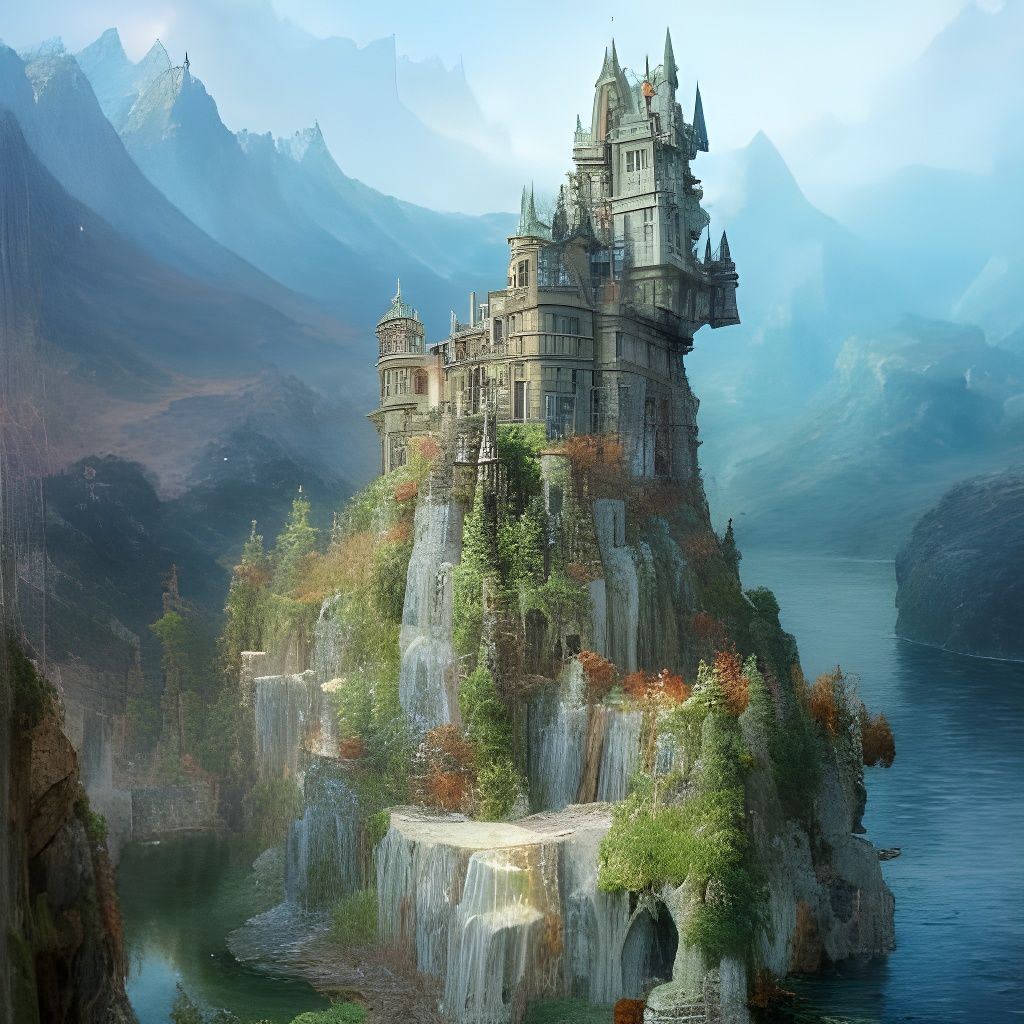 Mountain Castle Lake: Hyperdetailed Oil Painting