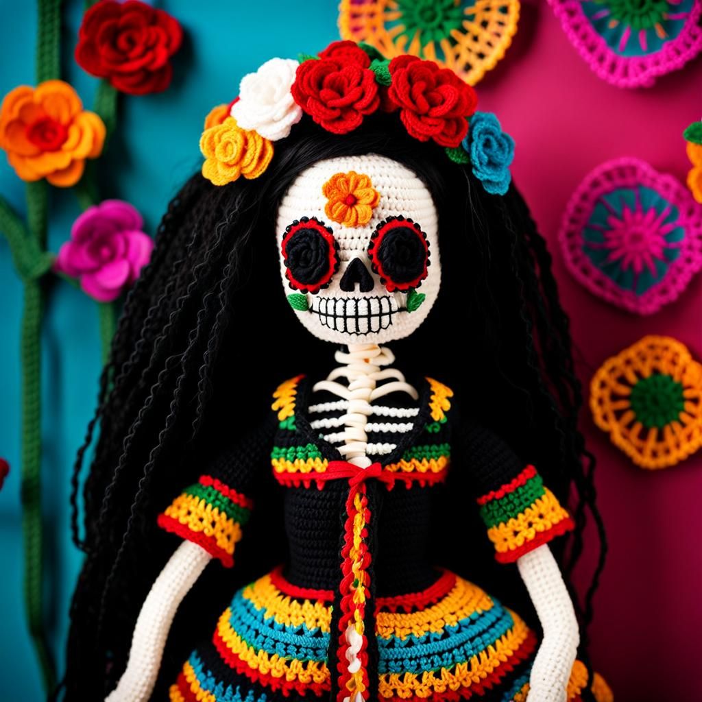 Day of the Dead Crochet Skeleton Doll in Folk Art Style