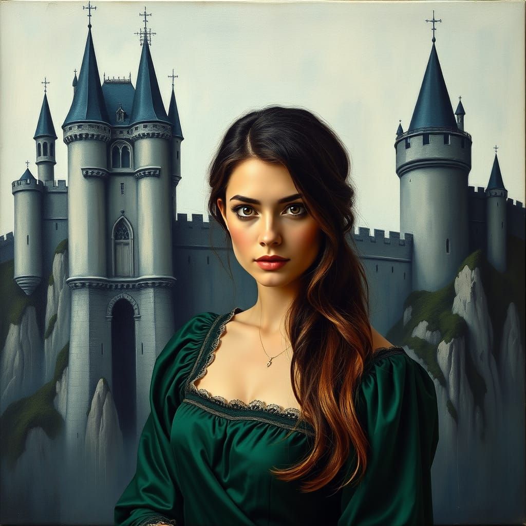 Woman in Emerald Dress with Surreal Castle Backdrop