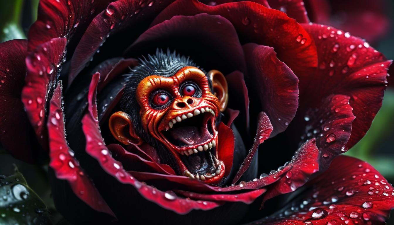A Tiny Zombie Clown Monkey Emerges from a Black Rose