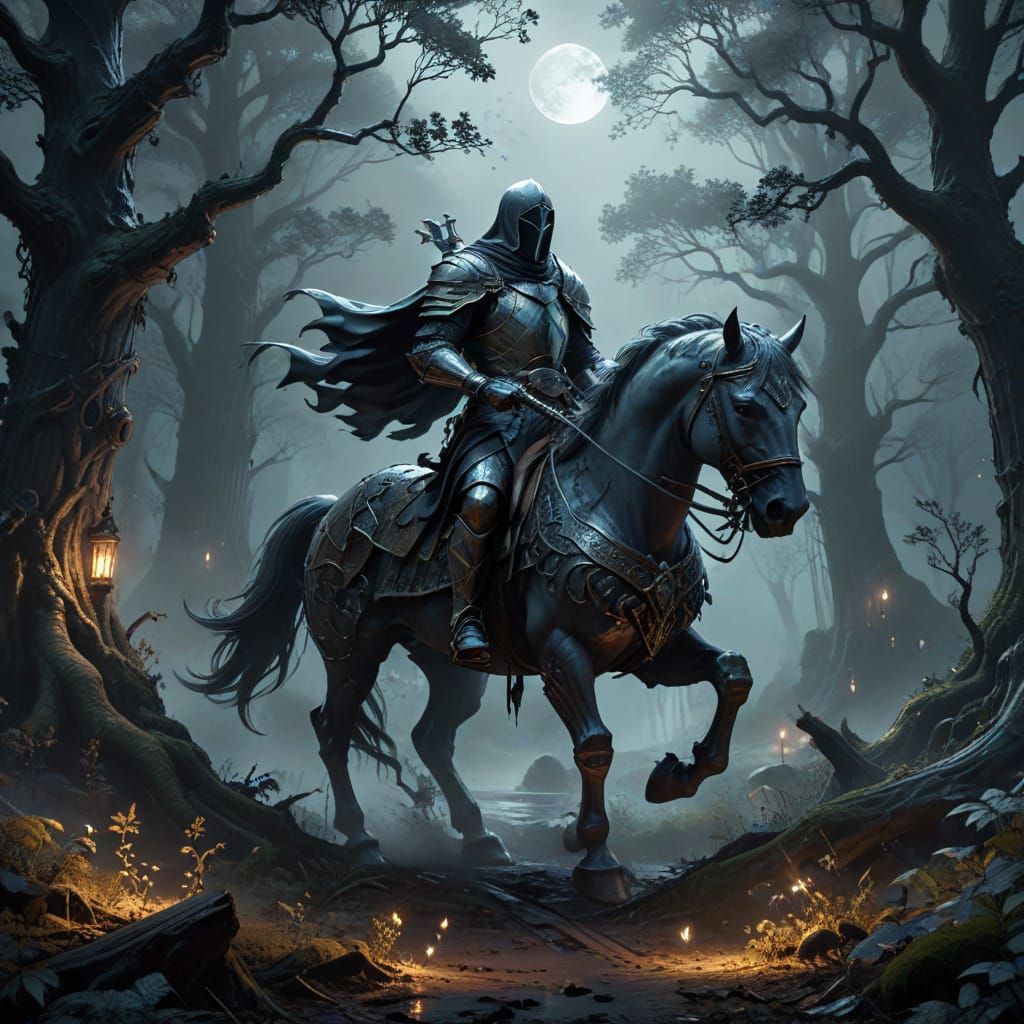 Ethereal Knight Rides Through Haunted Forest