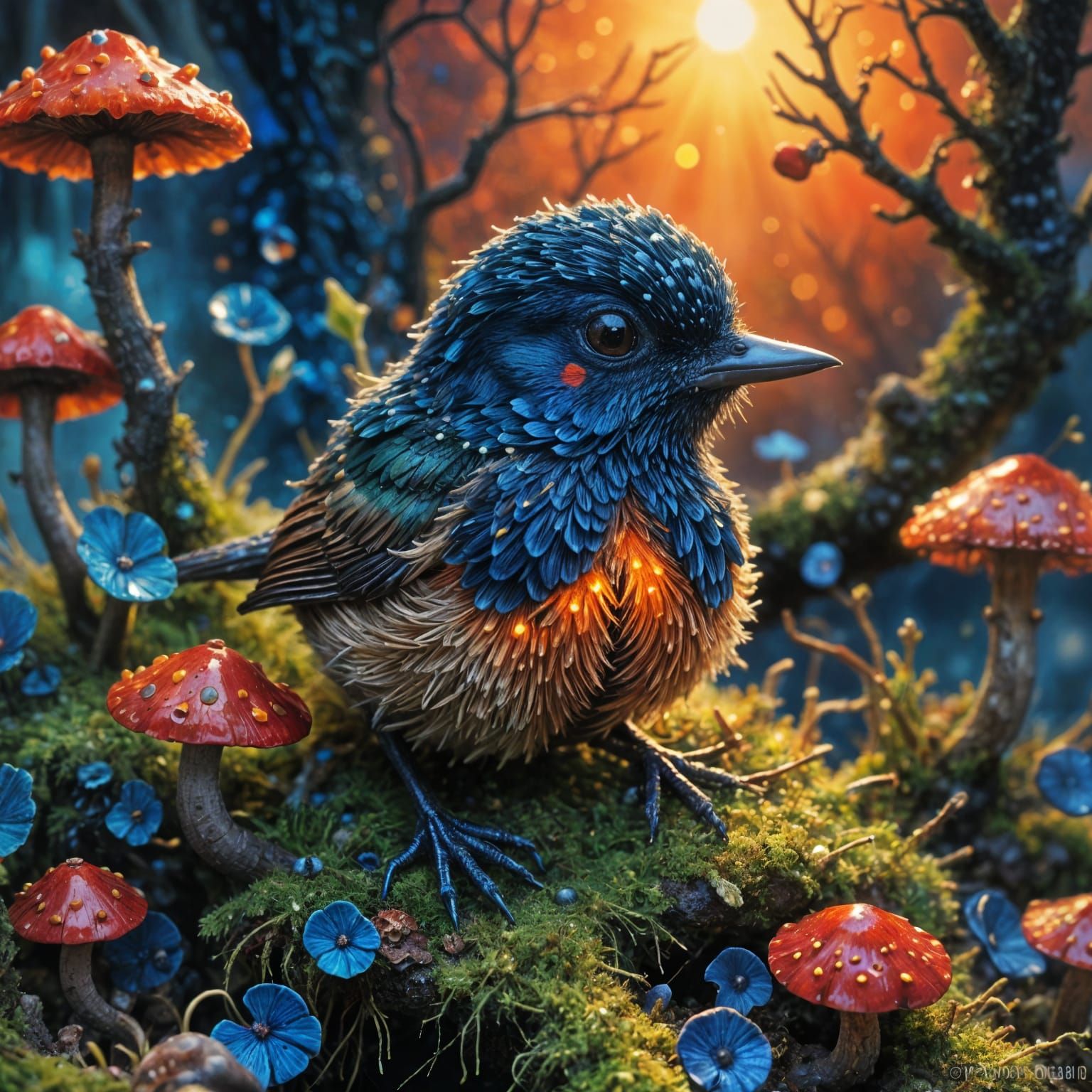 Tiny Bird Under Glowing Mushrooms, Macro Oil Painting