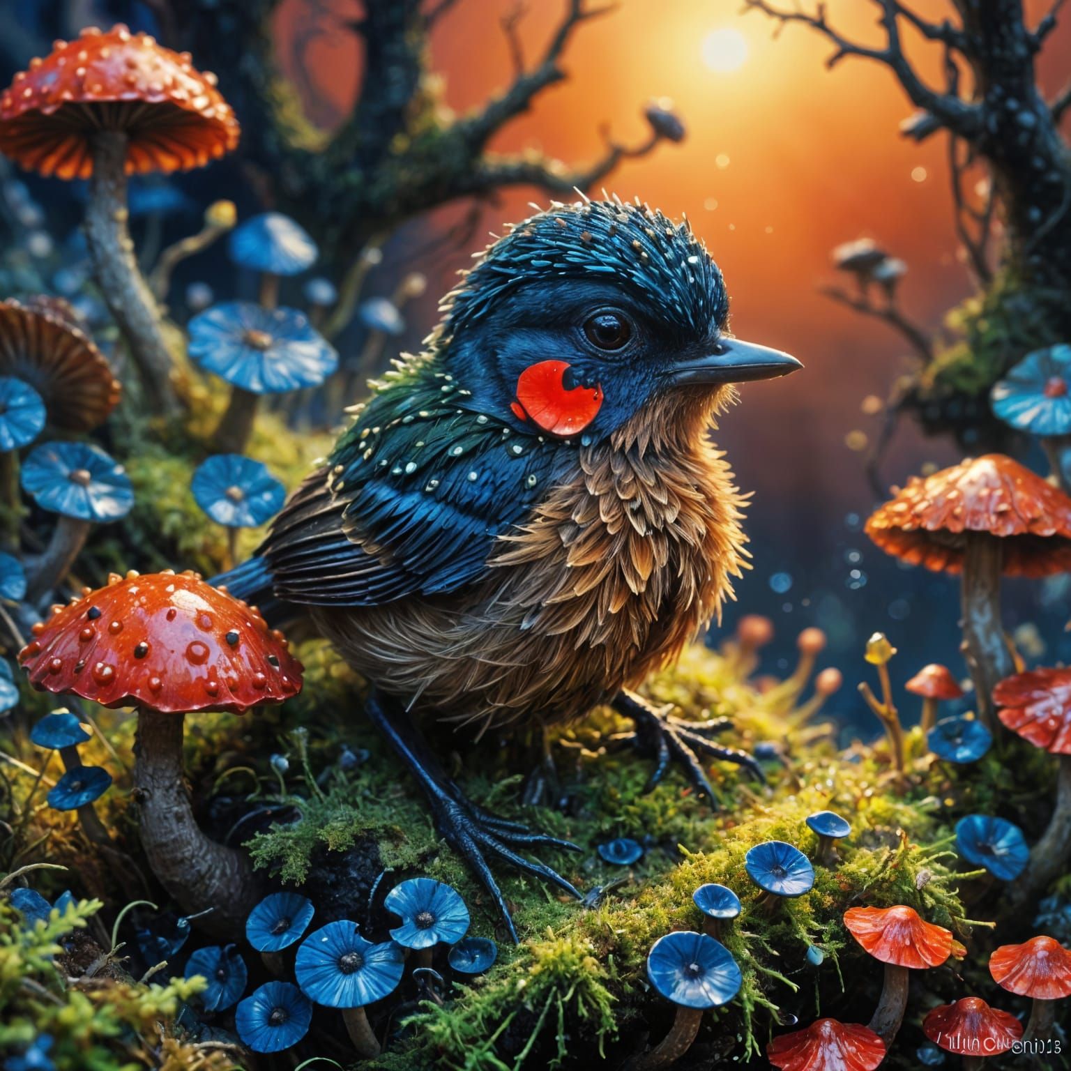 Majestic Baby Starling Amidst Glowing Mushrooms