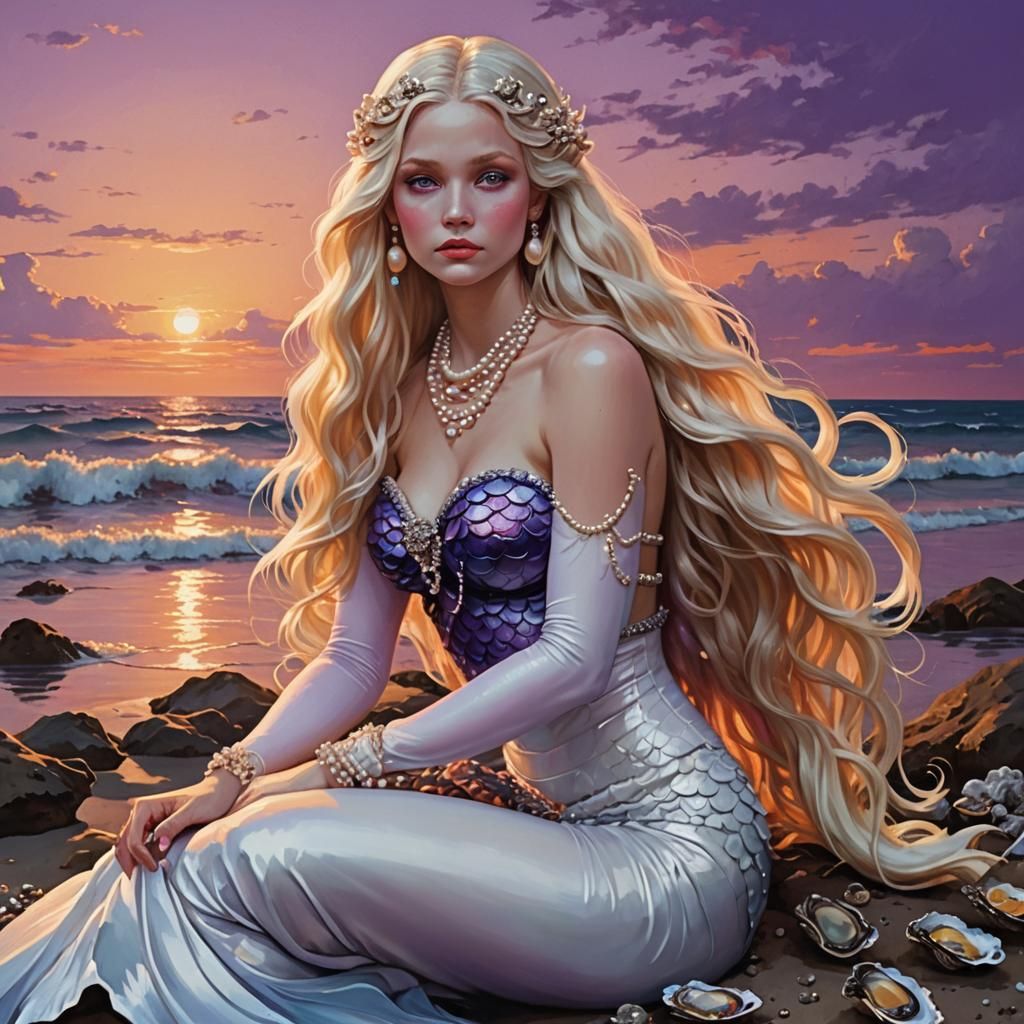 Mermaid with Pearls at Sunset