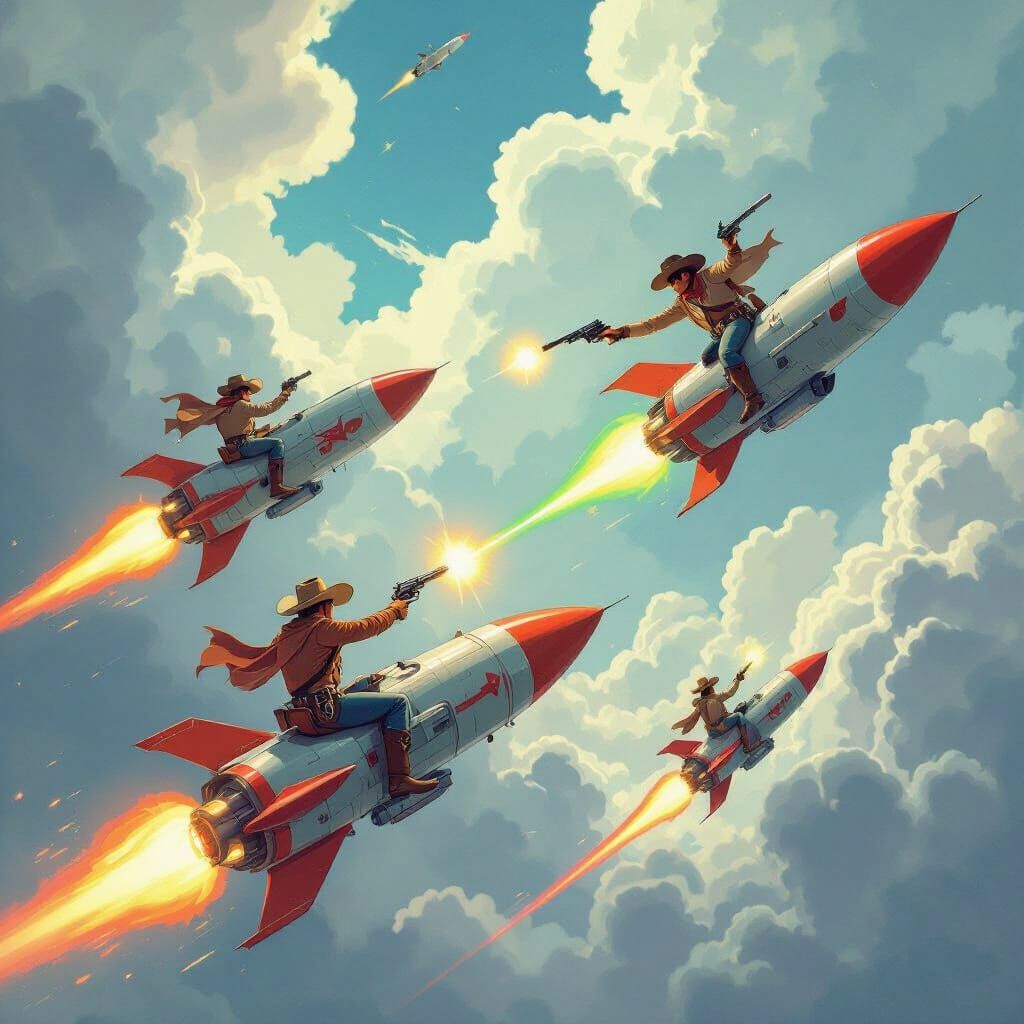 Cowboys on Rockets in Mid-Air Shootout