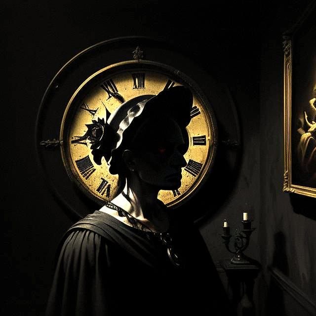 Vibrant Dark Room with Antique Furniture and Silhouette