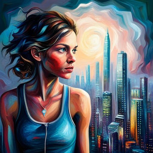 Futuristic Woman Portrait in Abstract Oil Painting