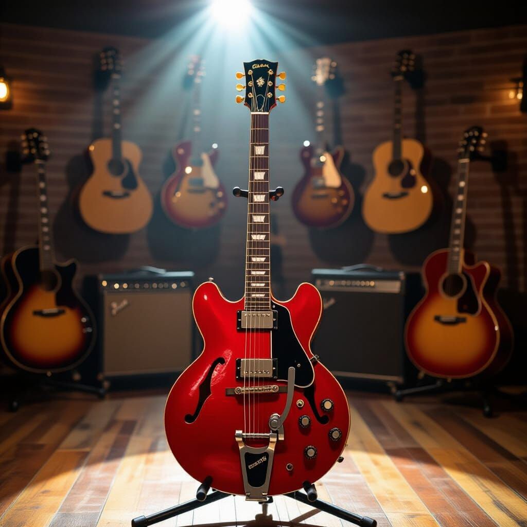 Red Gibson E335 Guitar with Whammy Bar on Stand