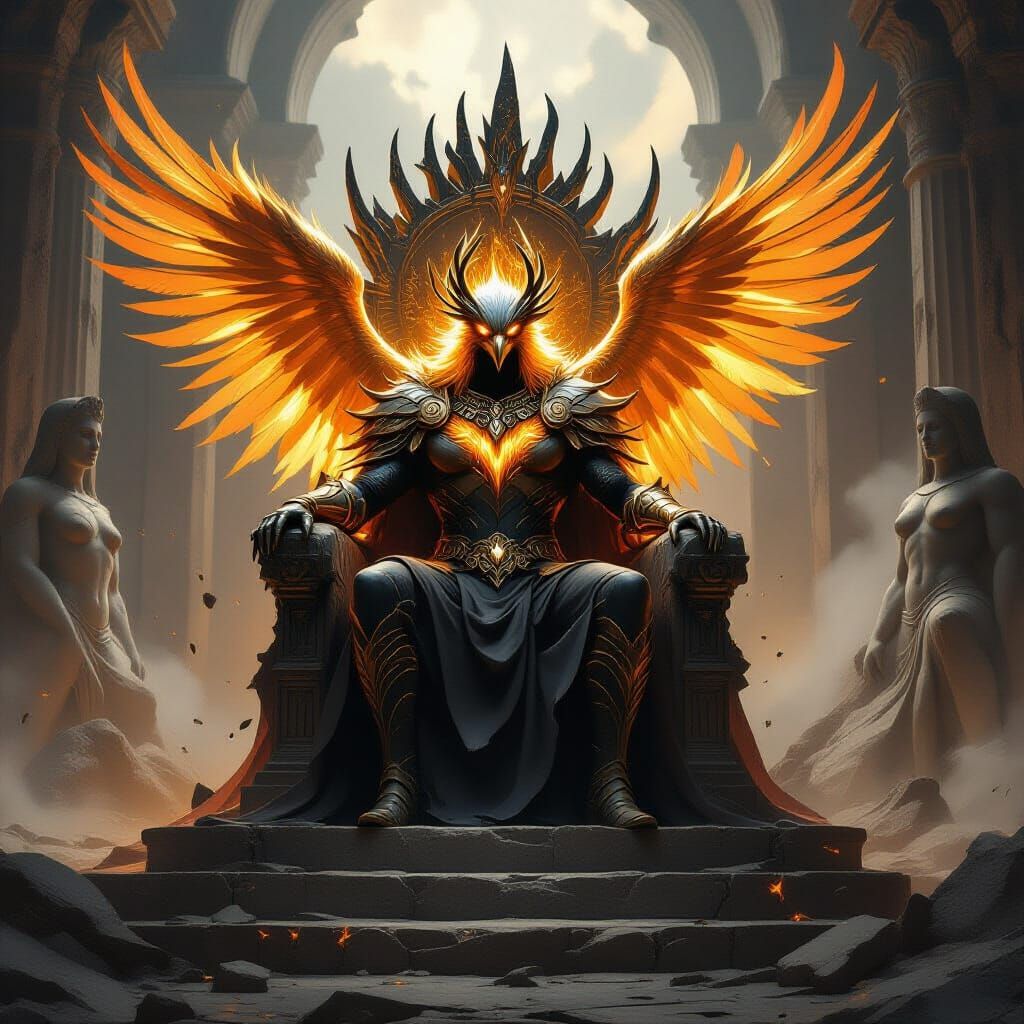 Phoenix-Faced Guardian on Ancient Throne