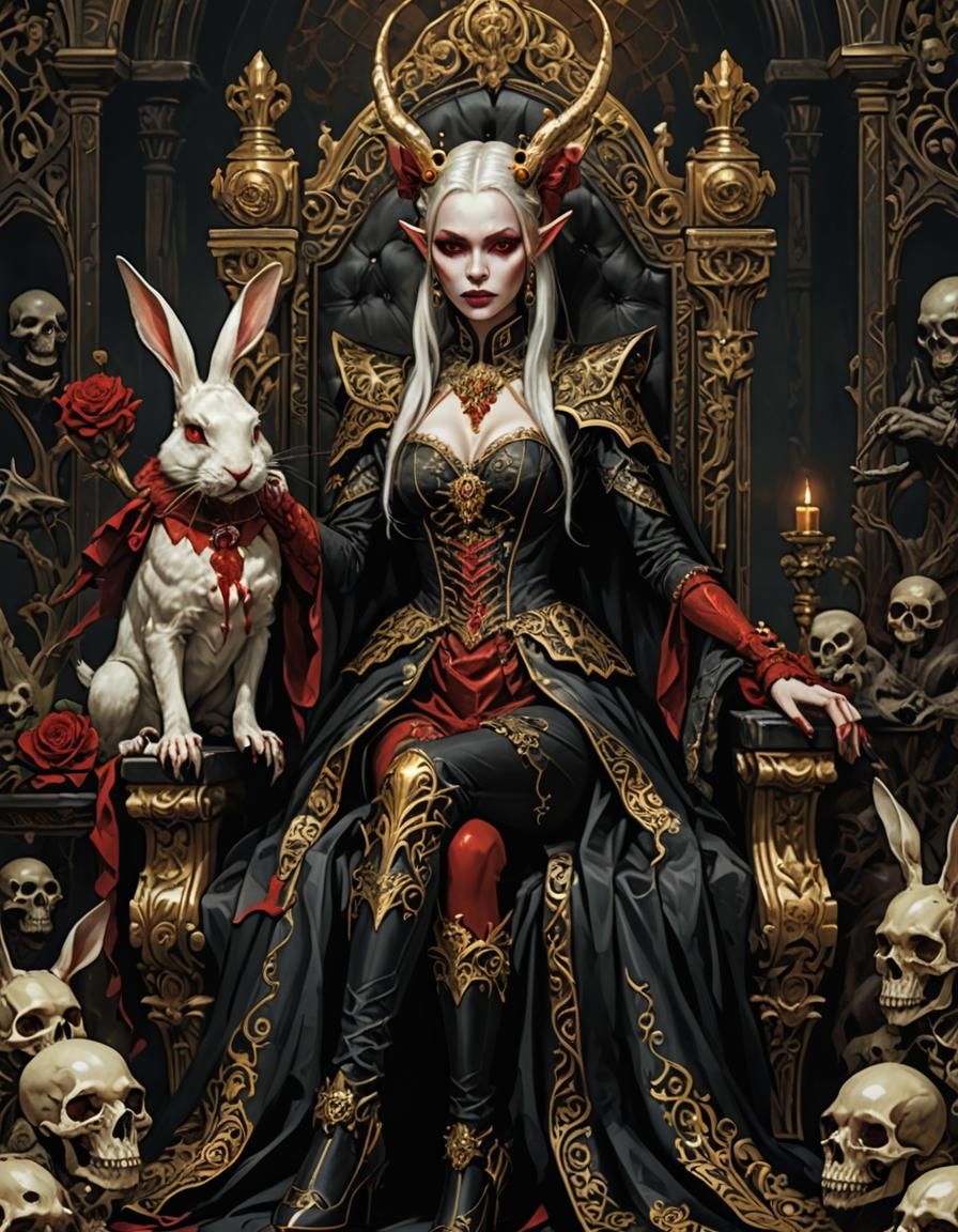 Elegant Gothic Vampire with Rabbit by Throne of Skulls