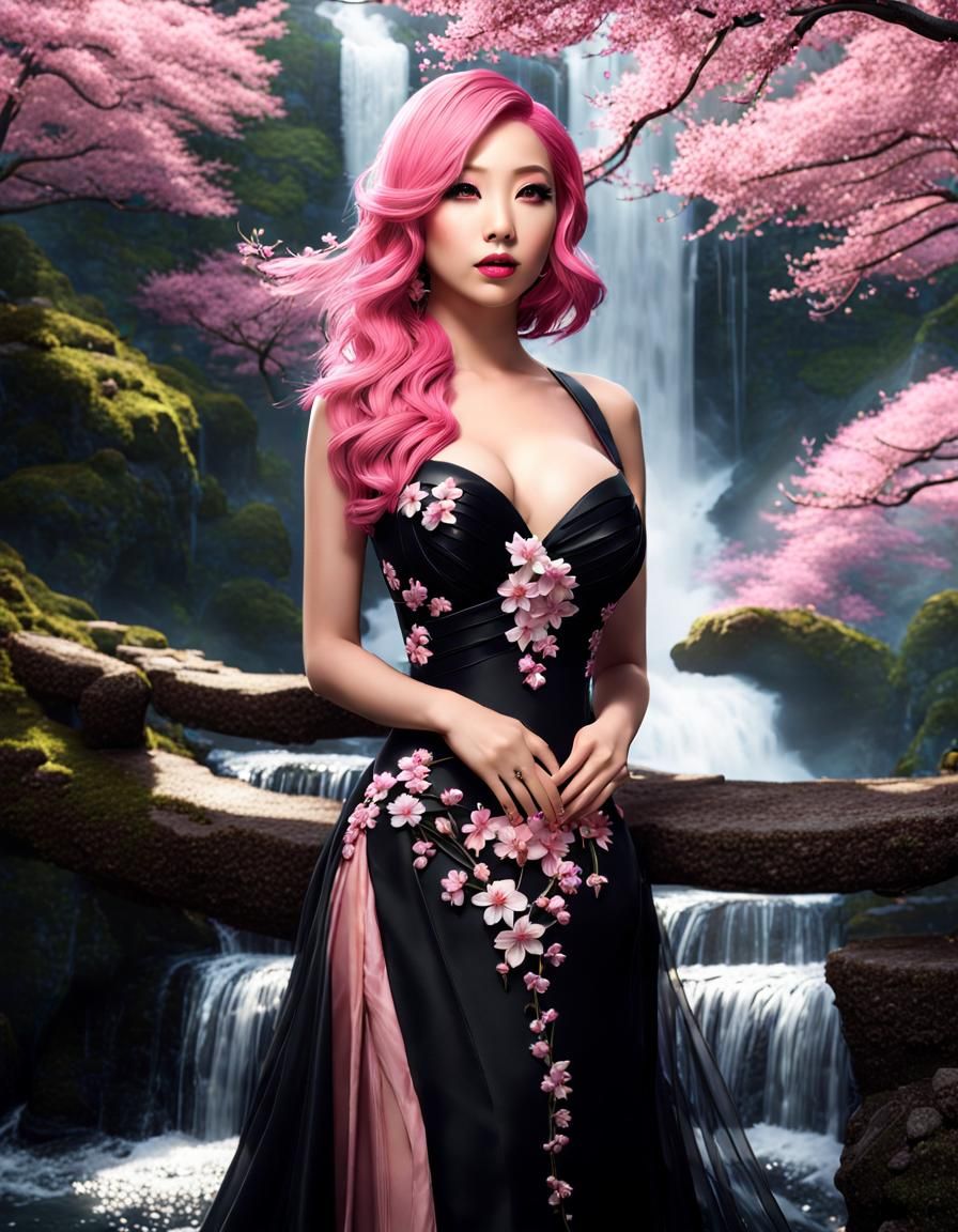 Asian Woman in Spring with Sakura Blossoms