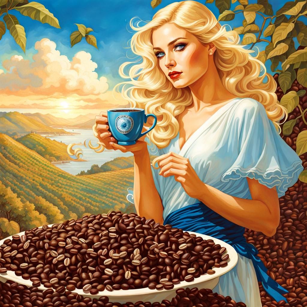 Blonde Coffee Goddess with Divine Aura
